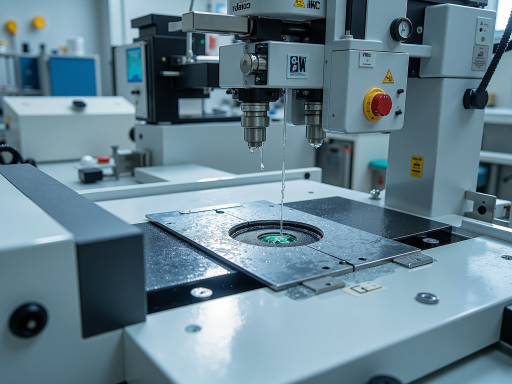 精密陶瓷加工设备特写，自动化生产线上的数控机床正在加工陶瓷零件，金属质感，白色背景