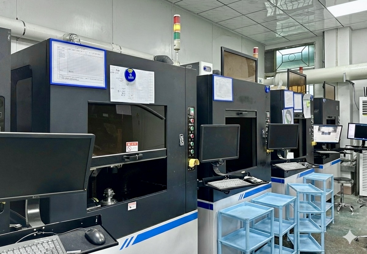 激光切割设备展示，激光束正在切割陶瓷材料，火花飞溅效果，工厂环境